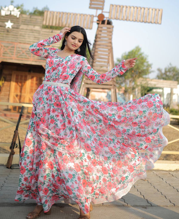 White Color Beautiful Print Long Gown Clothsvilla