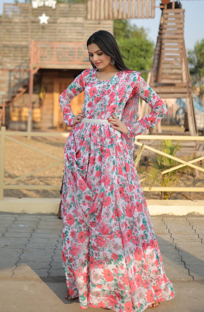 White Color Beautiful Print Long Gown Clothsvilla