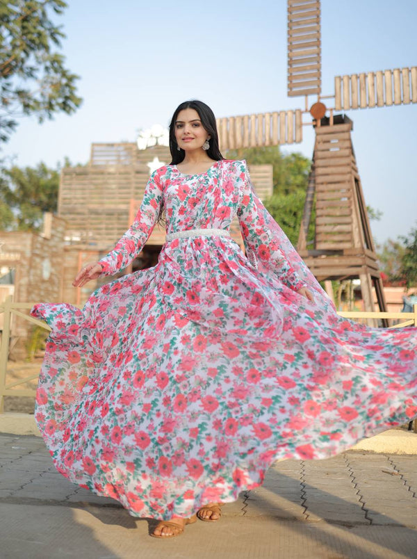 White Color Beautiful Print Long Gown Clothsvilla