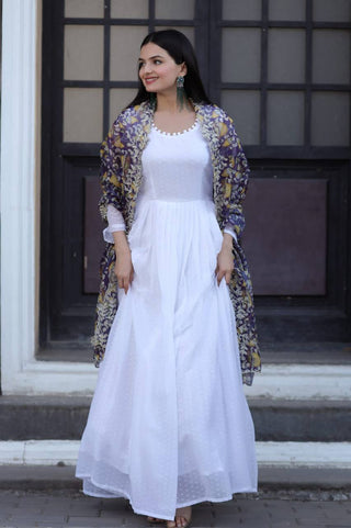 Pretty White Gown With Black Organza Dupatta