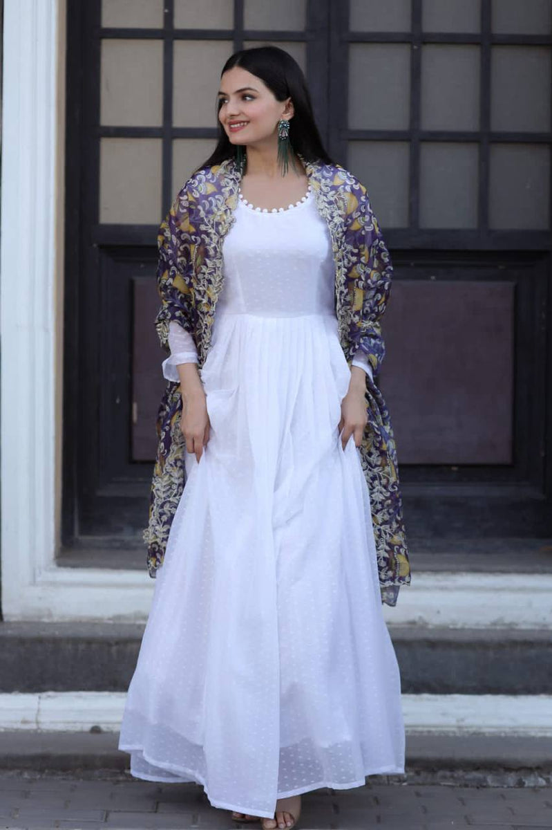 Women White Geometric Printed Dress With Dupatta
