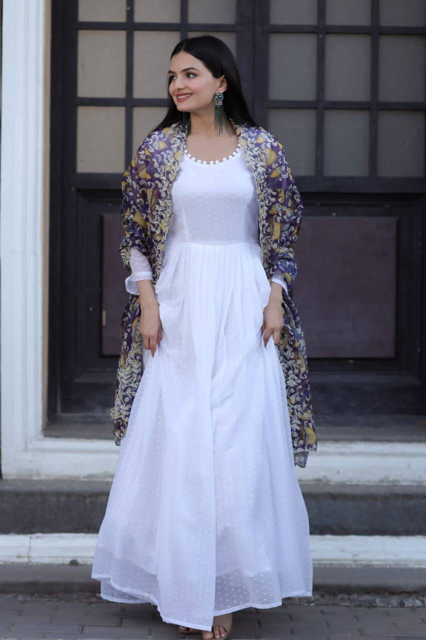 Pretty White Gown With Purple Organza Dupatta