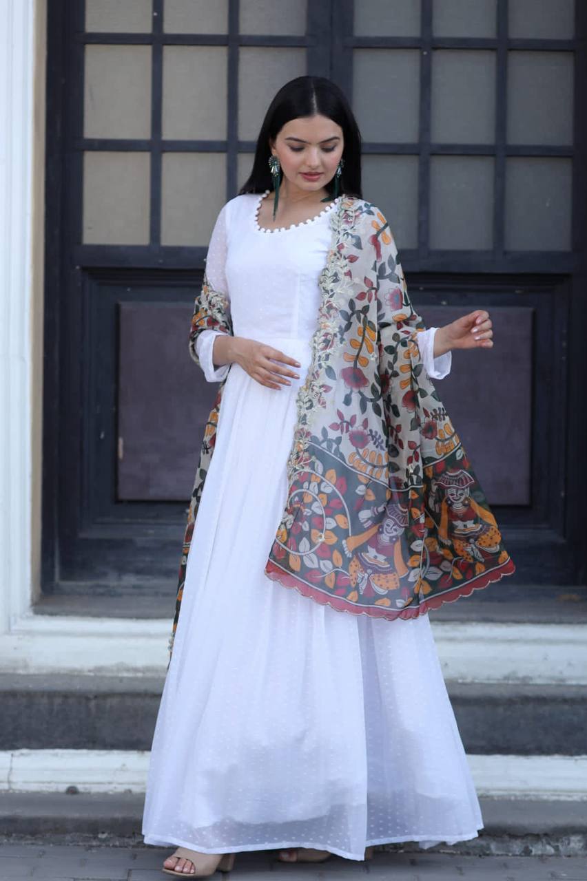 Pretty White Gown With Multi Organza Dupatta