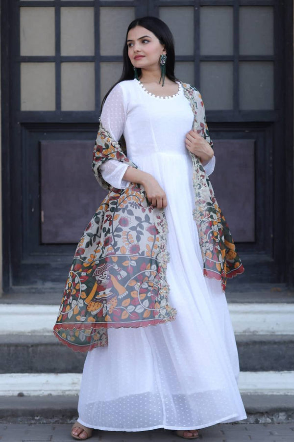 Pretty White Gown With Multi Organza Dupatta