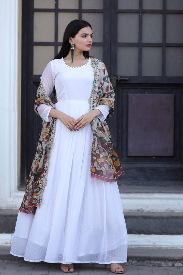 Pretty White Gown With Multi Organza Dupatta