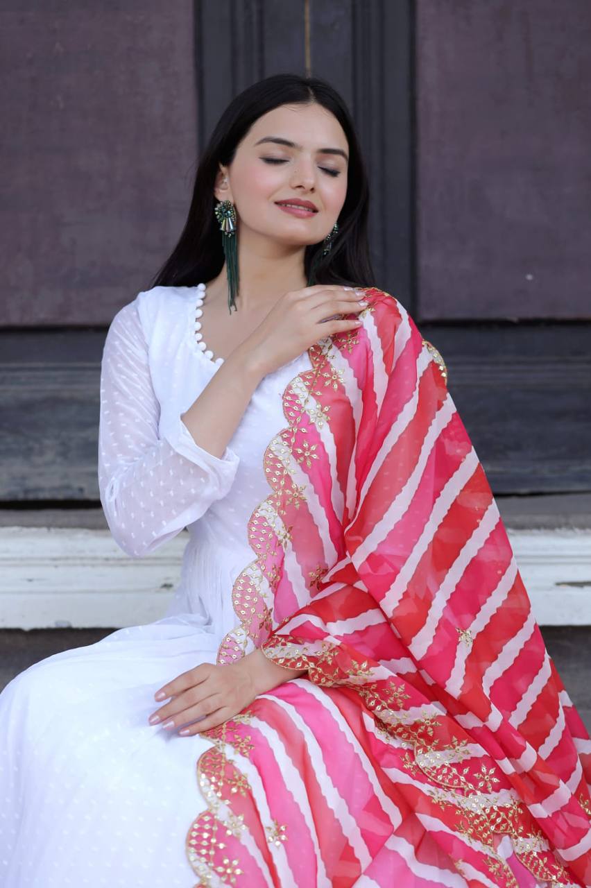 Pretty White Gown With Pink Organza Dupatta