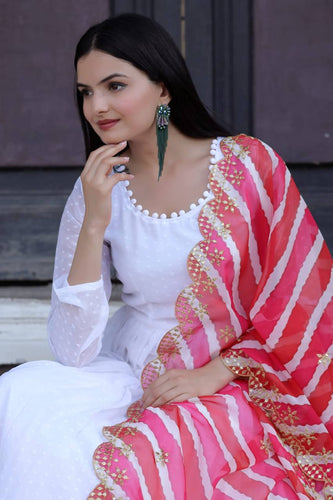 Pretty White Gown With Pink Organza Dupatta