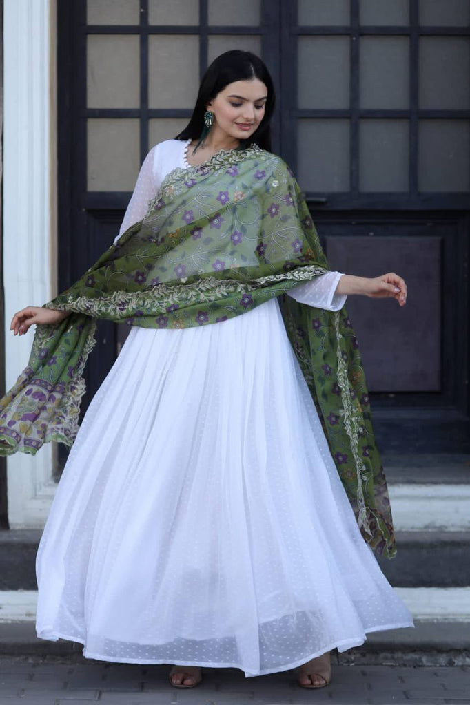 Pretty White Gown With Green Organza Dupatta - Clothsvilla Pretty White Gown With Green Organza Dupatta - Clothsvilla