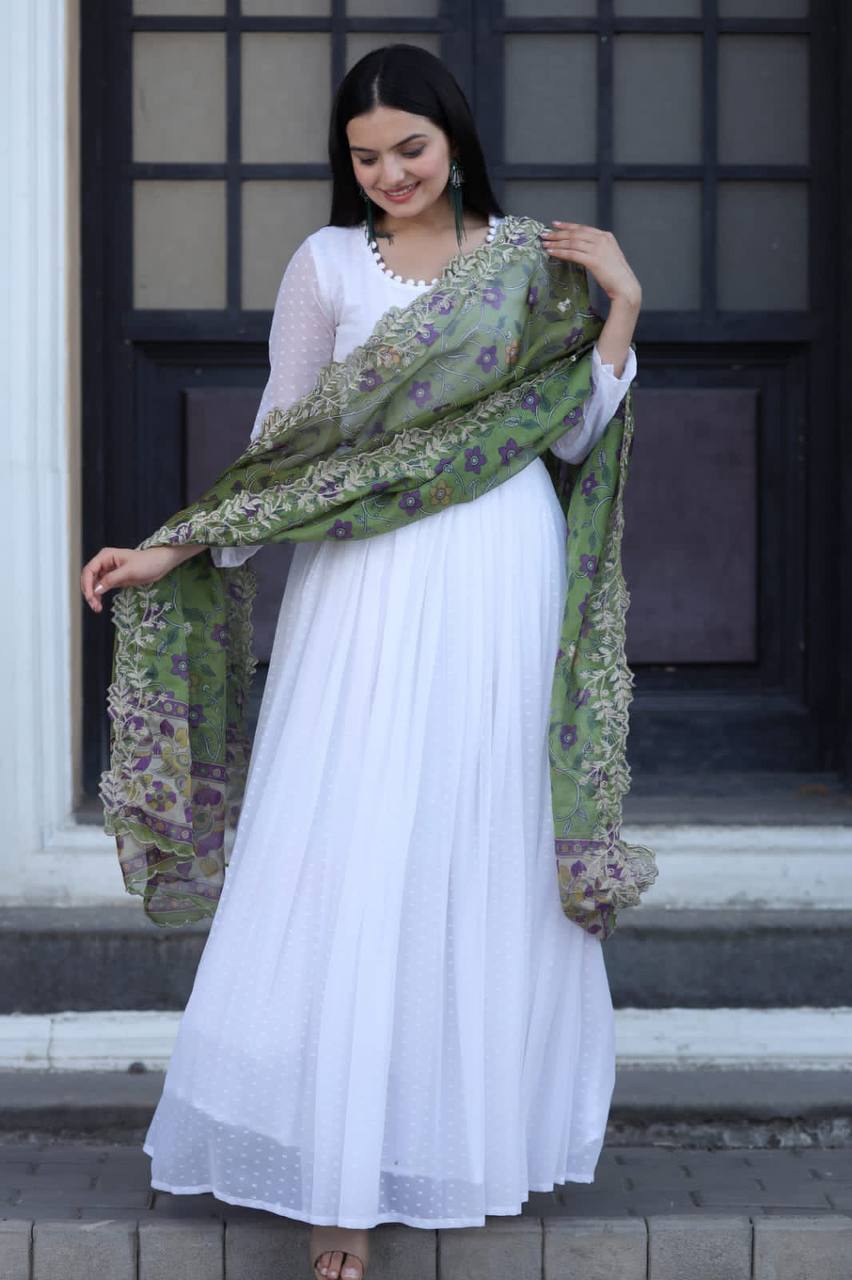 Pretty White Gown With Green Organza Dupatta