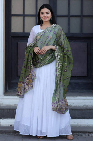 Pretty White Gown With Green Organza Dupatta