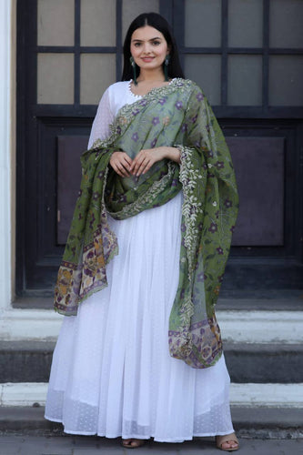 Pretty White Gown With Green Organza Dupatta
