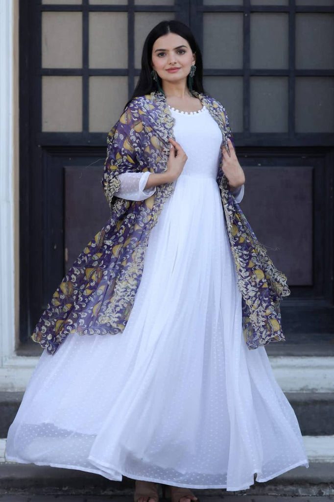 Pretty White Gown With Purple Organza Dupatta - Clothsvilla Pretty White Gown With Purple Organza Dupatta - Clothsvilla