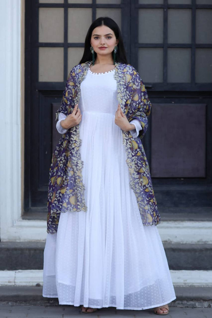 Pretty White Gown With Purple Organza Dupatta - Clothsvilla Pretty White Gown With Purple Organza Dupatta - Clothsvilla