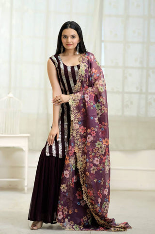 Wonderful Wine Color Embroidery Work Sharara Suit