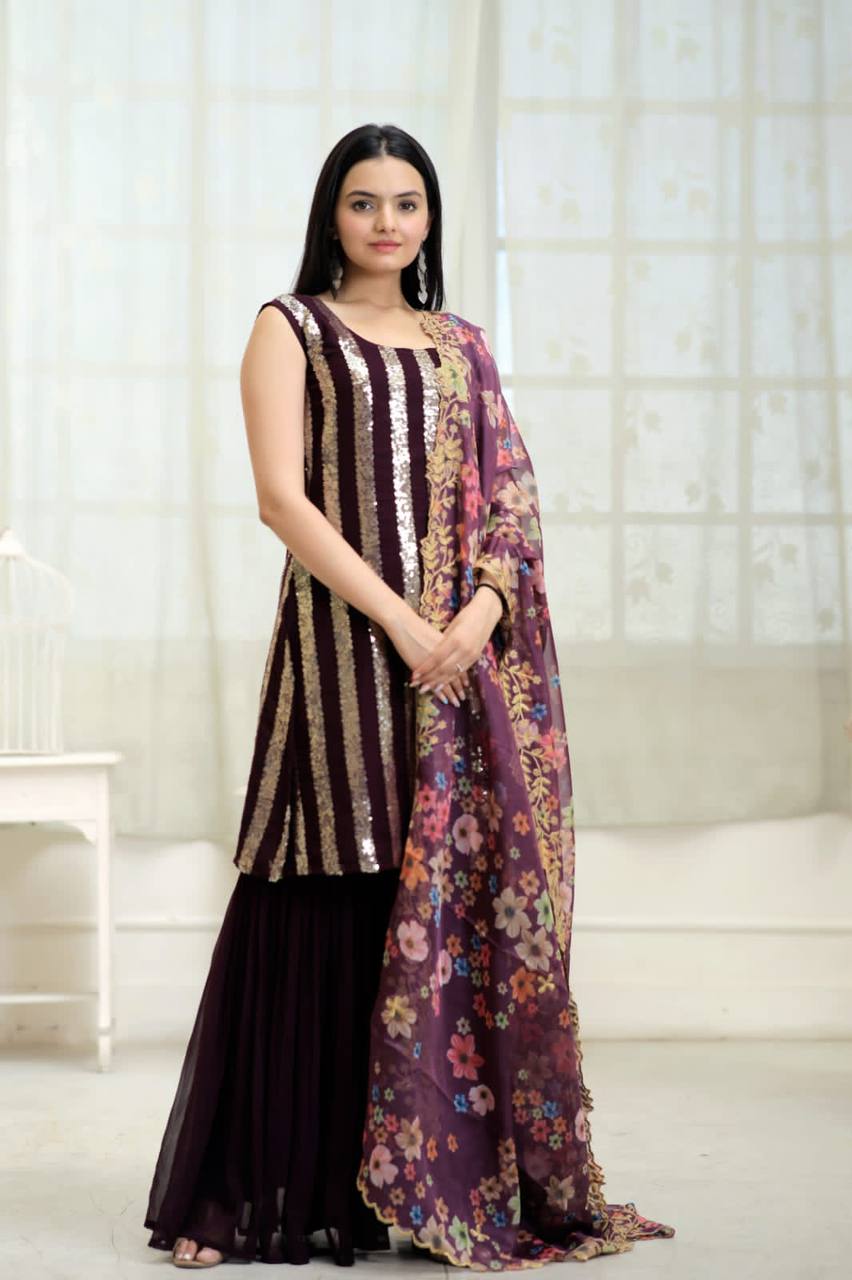 Wonderful Wine Color Embroidery Work Sharara Suit Main image