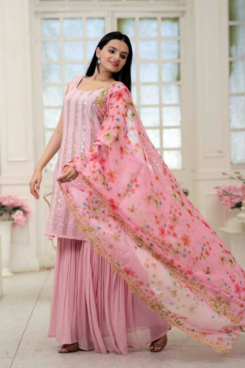 Wonderful  Light Pink Color Embroidery Work Sharara Suit