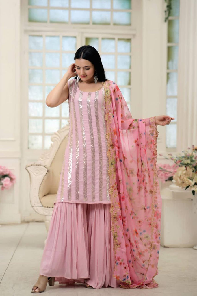 light pink sharara dress Baby Pink Organza Sharara Suit With Thread, Foil Mirror Work And Soft Net Dupatta
