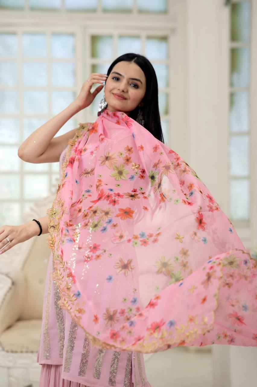 Wonderful  Light Pink Color Embroidery Work Sharara Suit