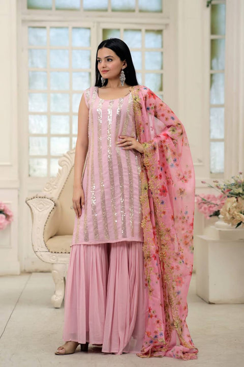Wonderful  Light Pink Color Embroidery Work Sharara Suit Main image
