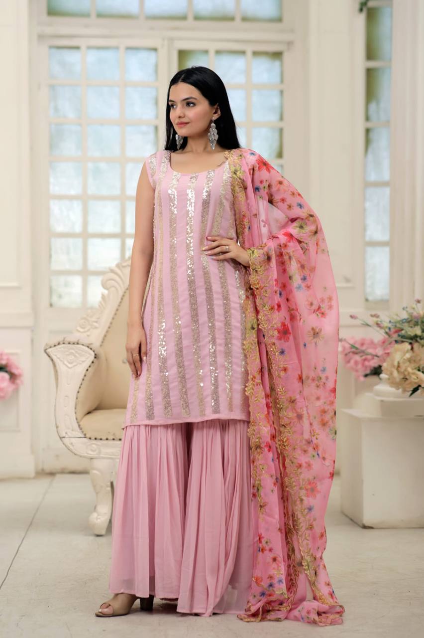 Wonderful  Light Pink Color Embroidery Work Sharara Suit Main image