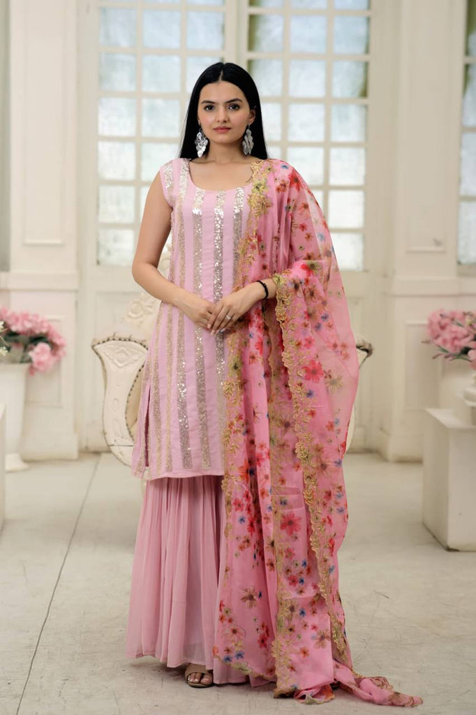 Wonderful  Light Pink Color Embroidery Work Sharara Suit