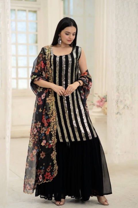 Wonderful Black Color Embroidery Work Sharara Suit Main image