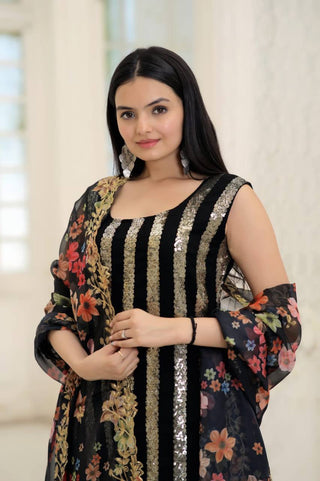 Wonderful Black Color Embroidery Work Sharara Suit