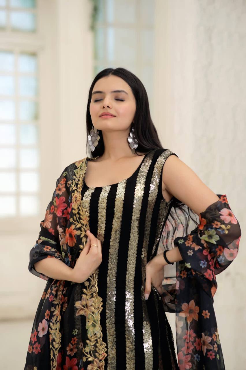 Wonderful Black Color Embroidery Work Sharara Suit