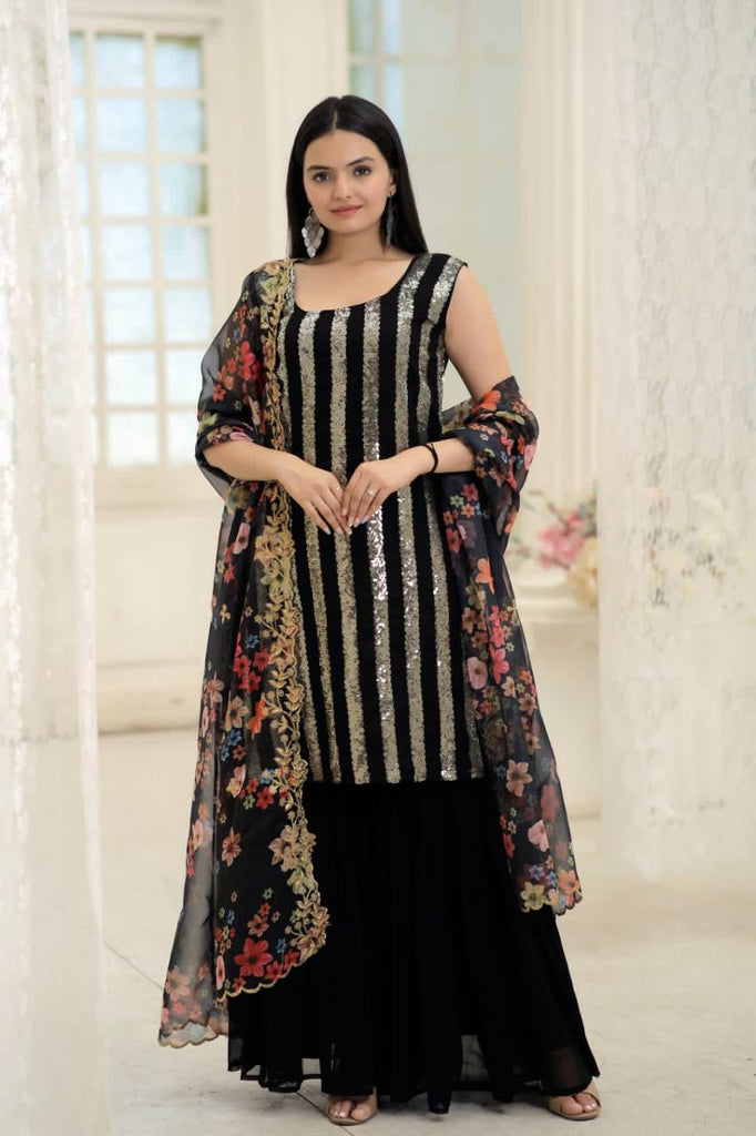 Wonderful Black Color Embroidery Work Sharara Suit