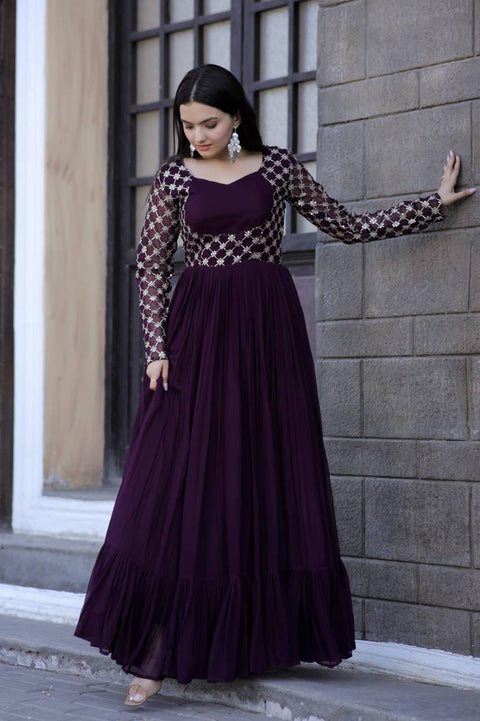Wedding Wear Wine Color Embroidered Work Gown Main image