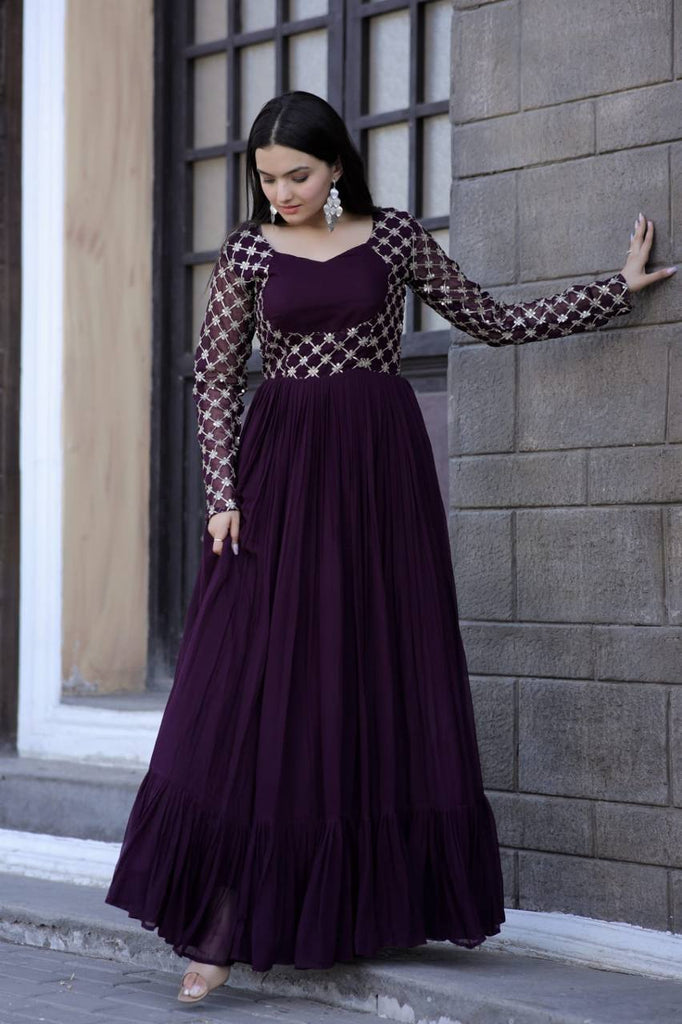Wedding Wear Wine Color Embroidered Work Gown - Clothsvilla Wedding Wear Wine Color Embroidered Work Gown - Clothsvilla