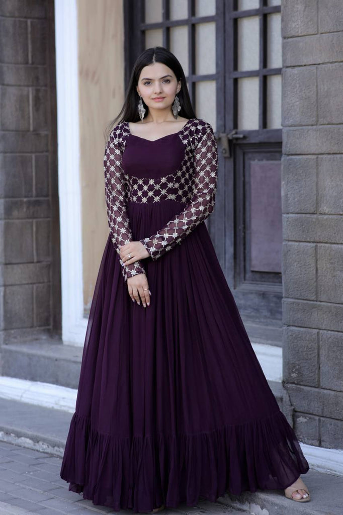 Wedding Wear Wine Color Embroidered Work Gown