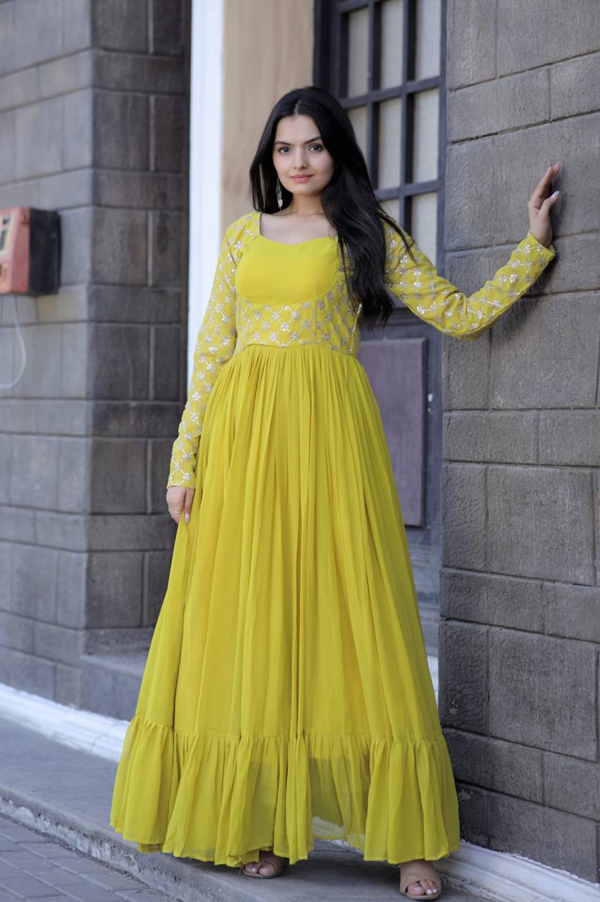 Wedding Wear Yellow Color Embroidered Work Gown Main image