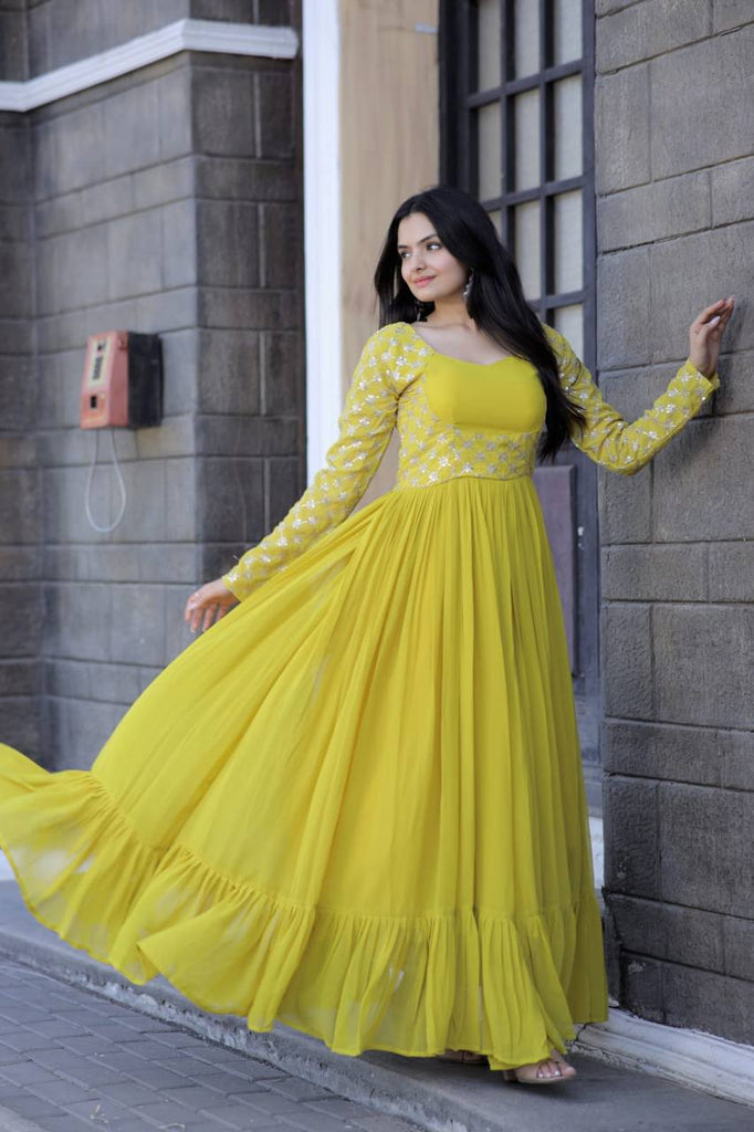 Embroidered yellow color fox georgette fabric with Sequnce work long gown  at Rs 799 in Surat
