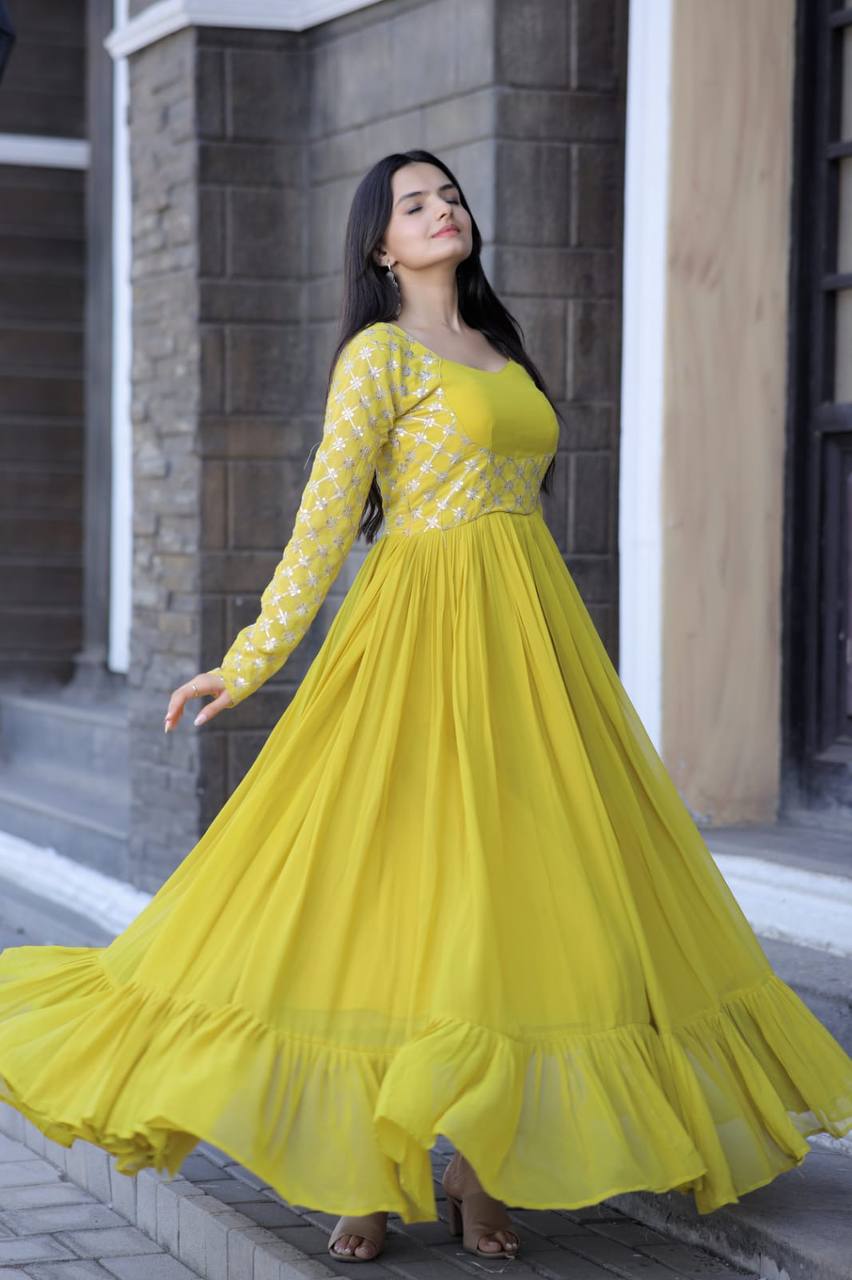 Wedding Wear Yellow Color Embroidered Work Gown
