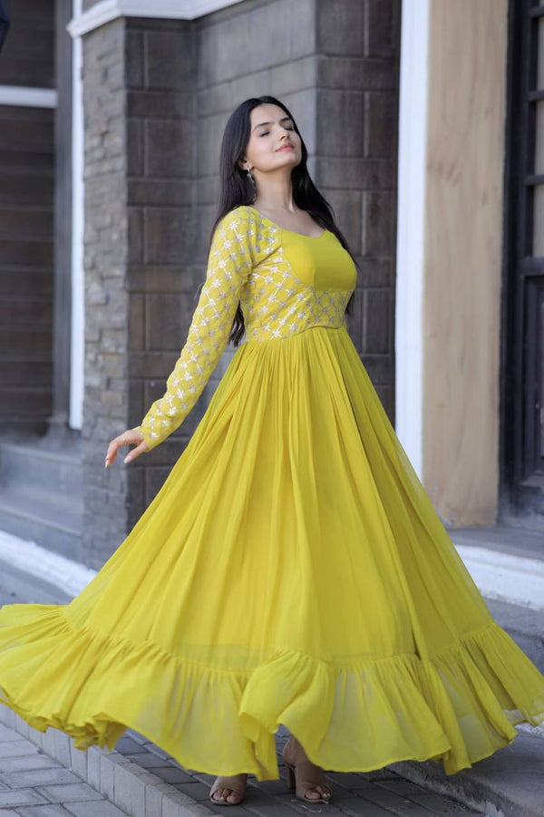 Wedding Wear Yellow Color Embroidered Work Gown