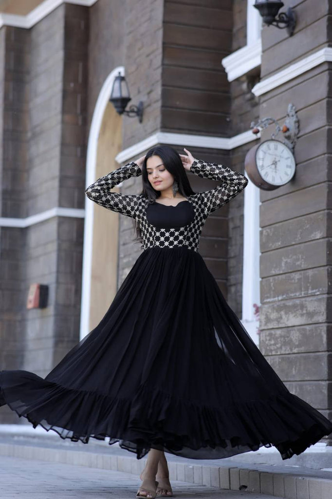 Wedding Wear Black Color Embroidered Work Gown