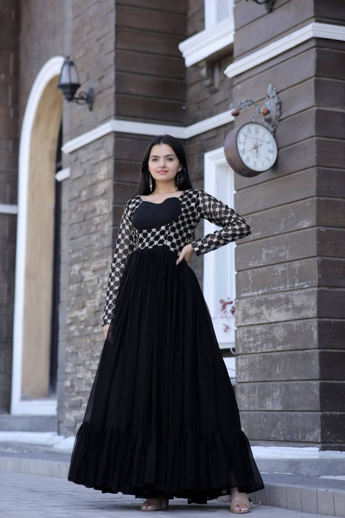 Wedding Wear Black Color Embroidered Work Gown - Clothsvilla Wedding Wear Black Color Embroidered Work Gown - Clothsvilla