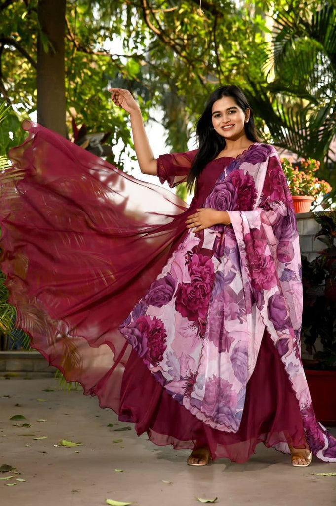 Attractive Wine Color Long Anarkali Gown