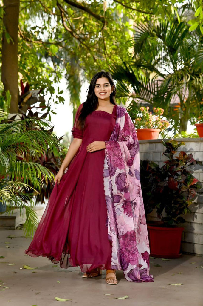 Attractive Wine Color Long Anarkali Gown