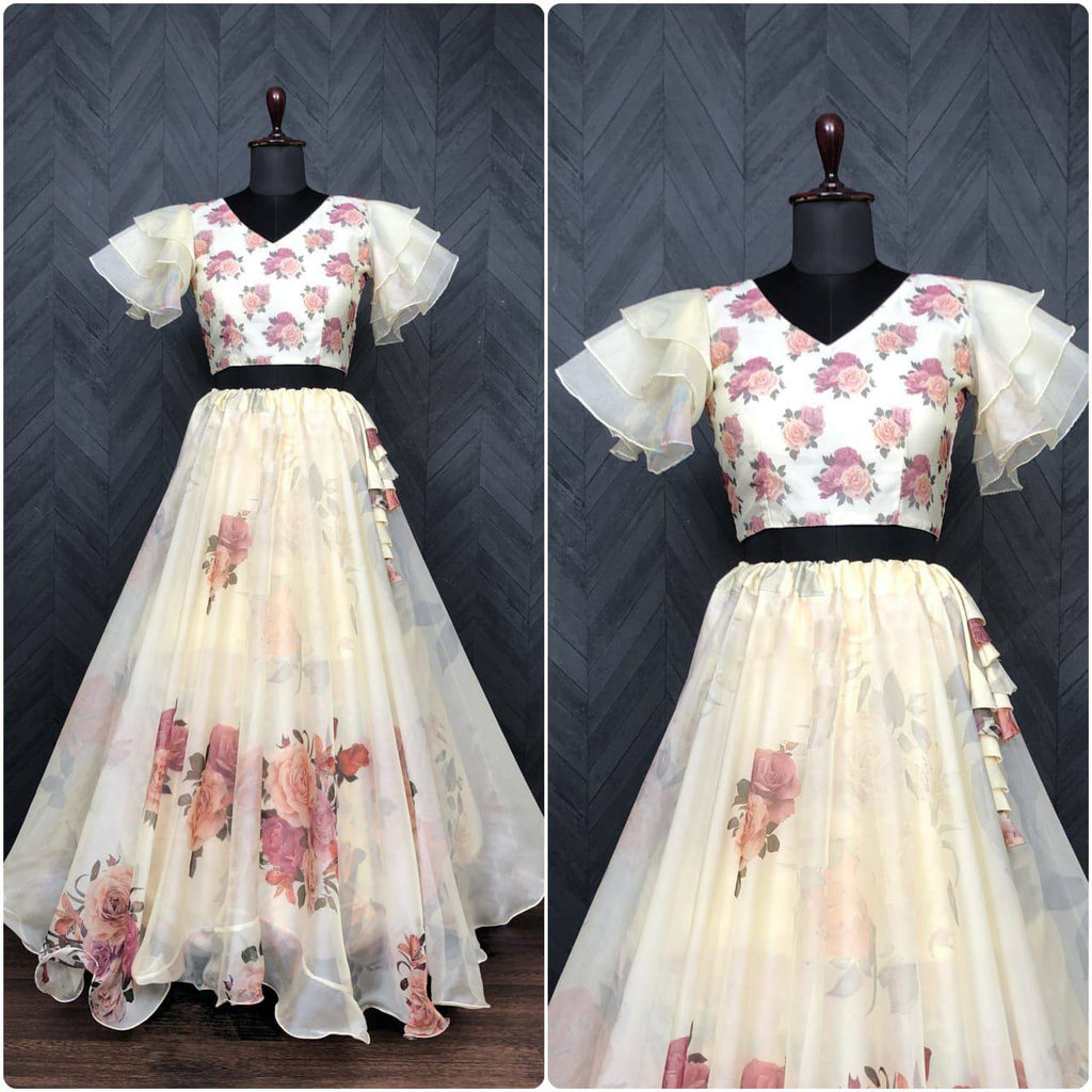Full-Stitched Flower Print Off White Top With Lehenga
