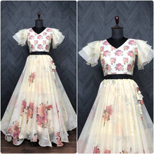 Load image into Gallery viewer, Full-Stitched Flower Print Off White Top With Lehenga