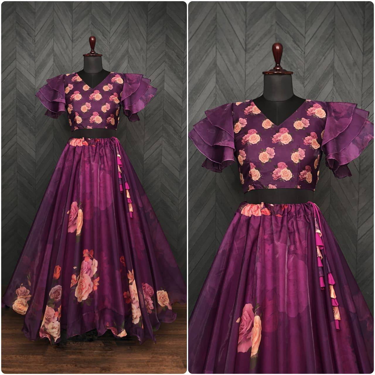 Full-Stitched Flower Print Wine Top With Lehenga