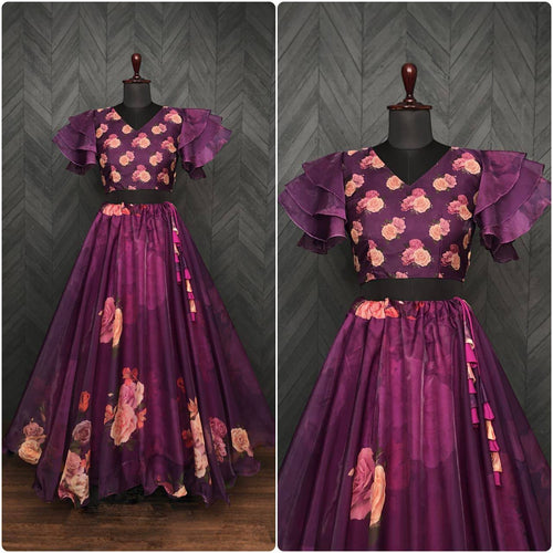 Full-Stitched Flower Print Wine Top With Lehenga