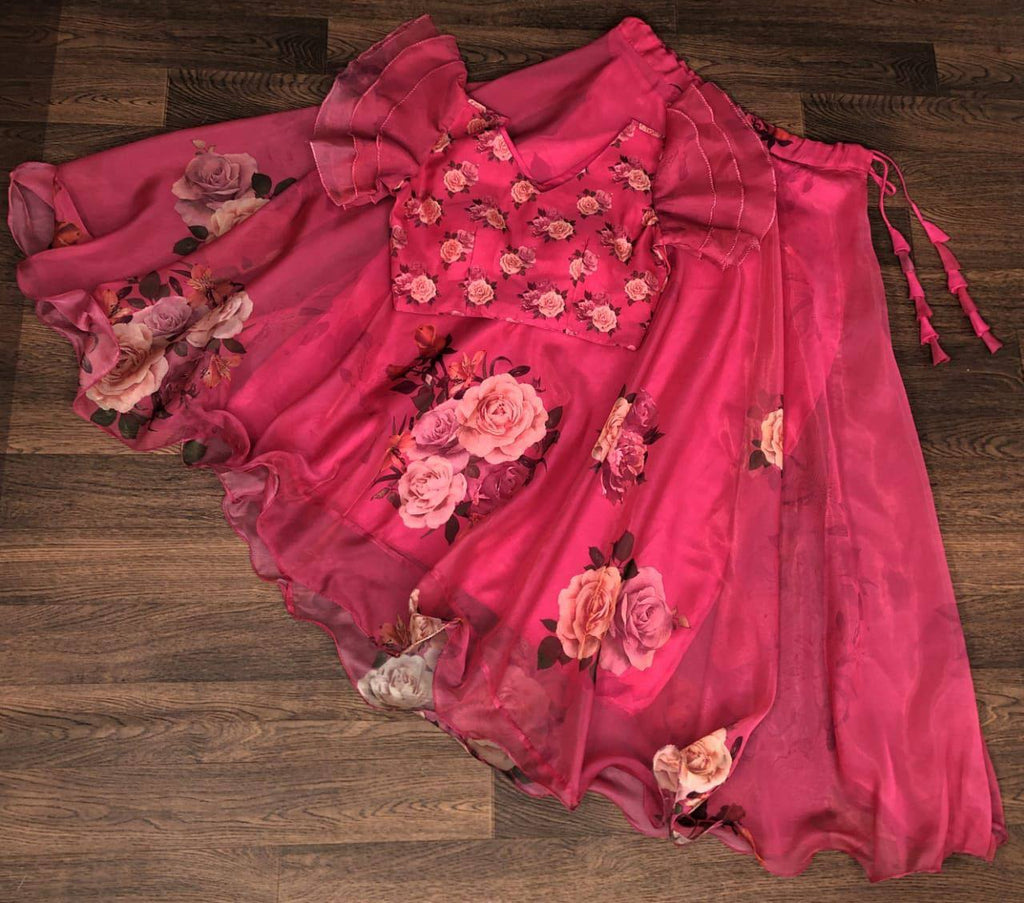 Full-Stitched Flower Print Pink Top With Lehenga