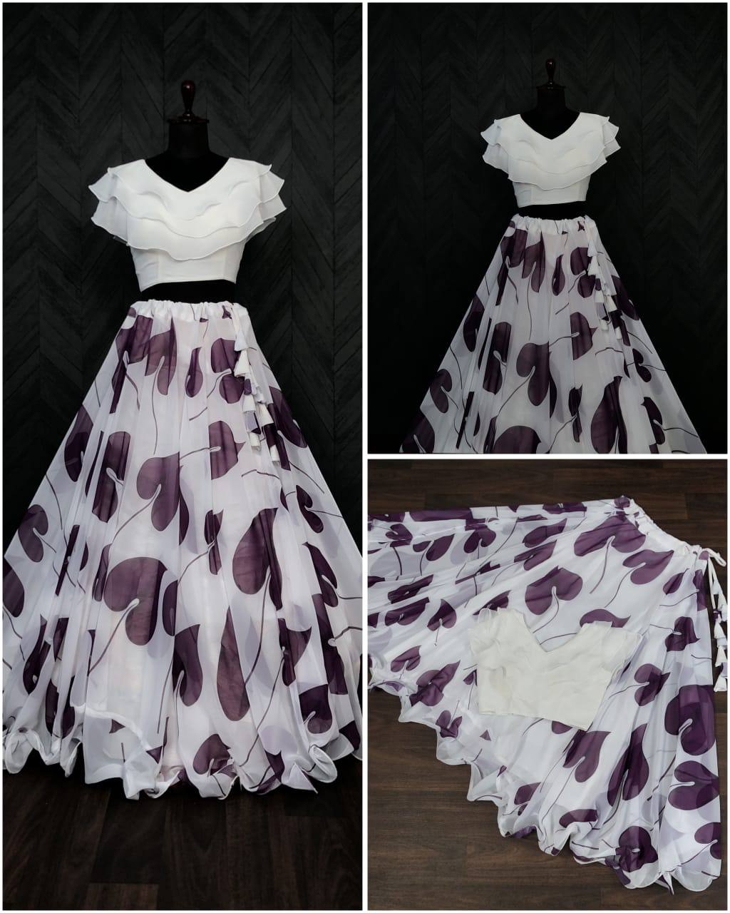 Beautiful Leaf Print Purple Color Lehenga With Blouse
