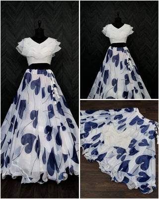 Beautiful Leaf Print Blue Color Lehenga With Blouse