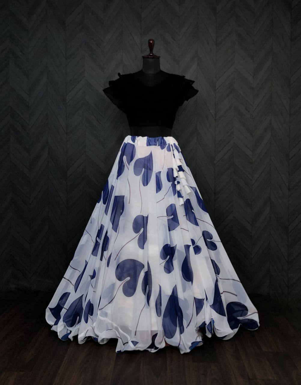 Beautiful Leaf Print Blue Color Lehenga With Blouse