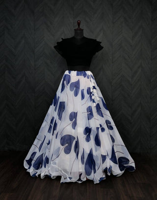 Beautiful Leaf Print Blue Color Lehenga With Blouse