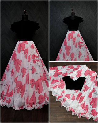 Beautiful Leaf Print Pink Color Lehenga With Blouse